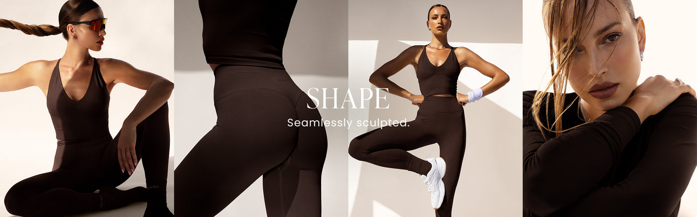 Model poseert in Chocolate Shape naadloze top en legging