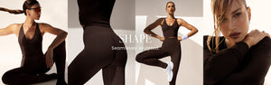 Model poseert in Chocolate Shape naadloze top en legging