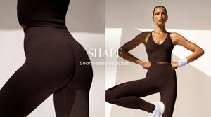 Model poseert in Chocolate Shape naadloze top en legging