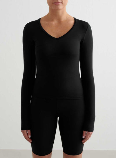 Black Soft Basic V-Neck Long Sleeve